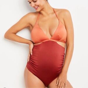 A Pea in the Pod Two-Tone Maternity One-Piece Swimsuit - Coral & Rust